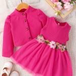 Girl Pink Petal Dress & Suspender Coat Set