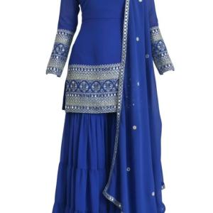 Royal Blue 3-Piece Embroidered Kurti Sharara & Dupatta Set for Women