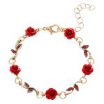 French Style Jewelry Set with Red Rose Flowers, Elegant Necklace and Bracelet for Women