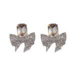 Exaggerated Mosaic Rhinestone Bow Earrings – Shining Semi-Precious Stones, Exquisite Square Crystal Studs.